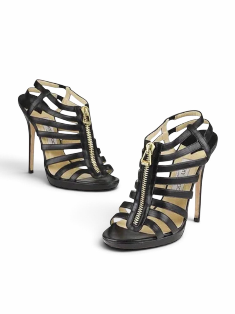 JIMMY CHOO Glenys Black Leather Cage Gladiator Heels Gold Zip